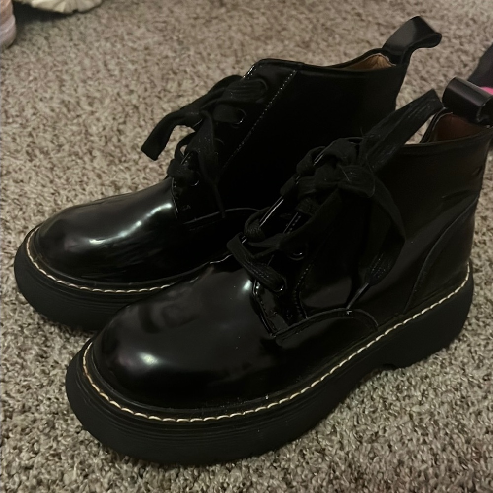 Black Patent Leather Lace-Up Boots